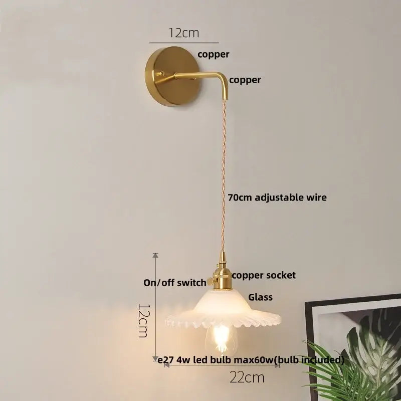 Gold copper decorbites glass wall lamp with frosted glass shade adjustable wire and pull chain switch wall lamp