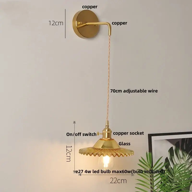Gold-toned copper DecorBites glass wall lamp with scalloped glass shade and adjustable 70cm wire pull chain switch