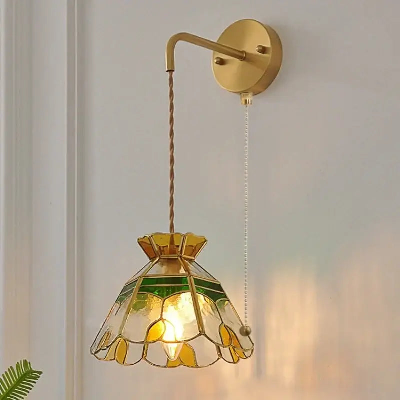Vintage-style decorbites glass wall lamp with gold metal frame and stained glass floral shade with pull chain switch