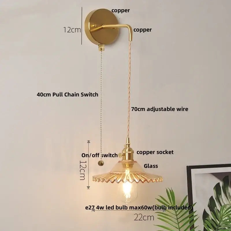 Gold-toned copper decorbites glass wall lamp with frilled glass shade and adjustable 70cm wire pull chain switch