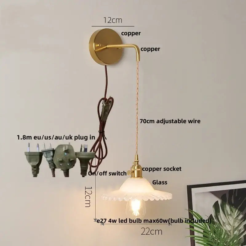 Copper decorbites glass wall lamp with frosted glass shade and adjustable wire featuring pull chain switch and led light