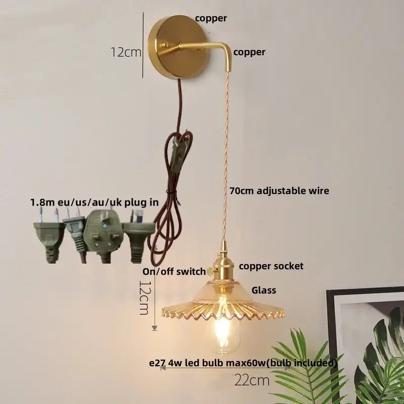 Gold-toned copper DecorBites glass wall lamp with scalloped glass shade and adjustable 70cm wire wall lamp