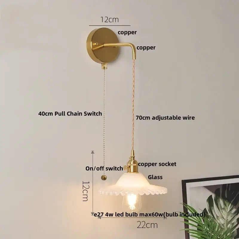 Copper decorbites glass wall lamp with adjustable wire and glass shade featuring pull chain switch and LED light