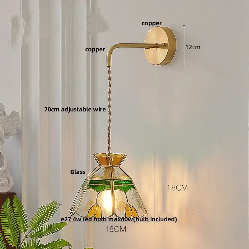 DecorBites glass wall lamp with vintage copper sconce and green yellow floral stained glass shade with pull chain switch