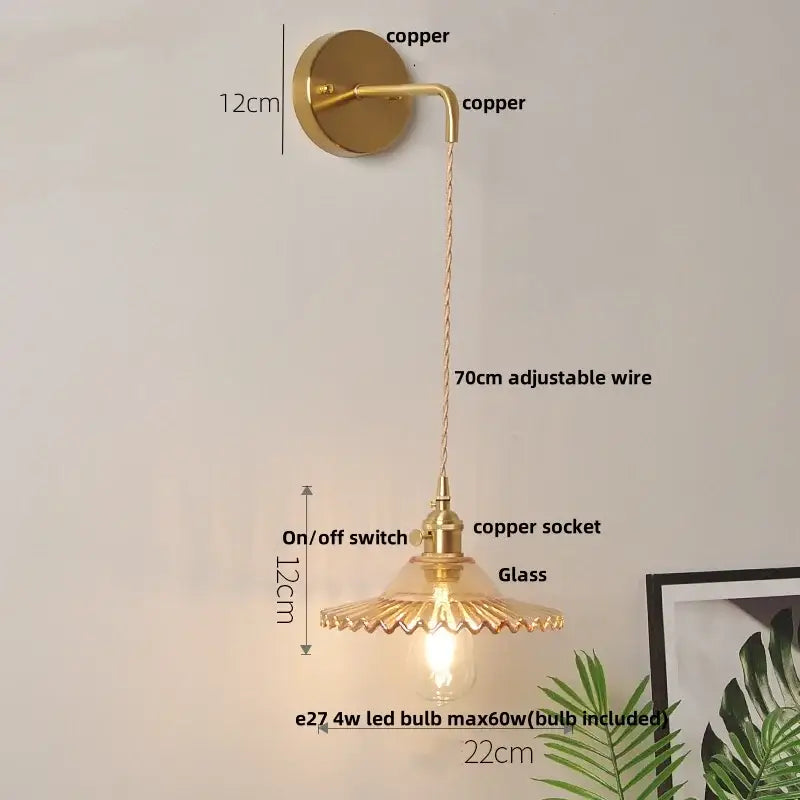 Gold-toned copper decorbites glass wall lamp with fluted glass shade and adjustable 70cm wire led light wall lamp