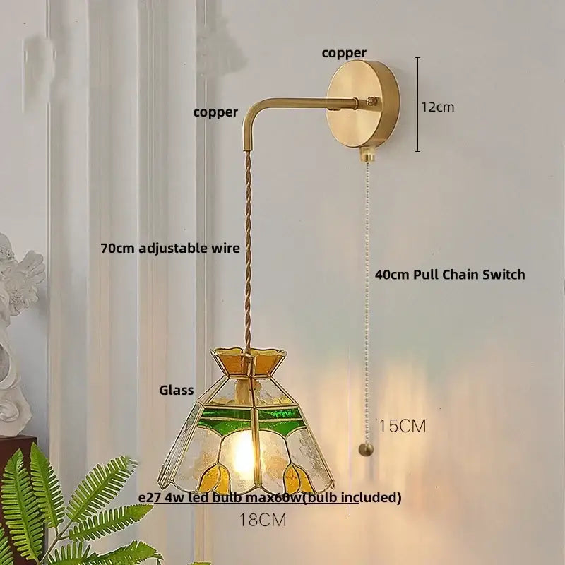 Brass-finished decorbites glass wall lamp with green and yellow floral stained glass shade and adjustable copper wire suspension