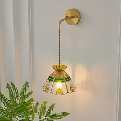 Delicate decorbites glass wall lamp with brass-finished arm yellow green stained glass tulip shade and pull chain switch