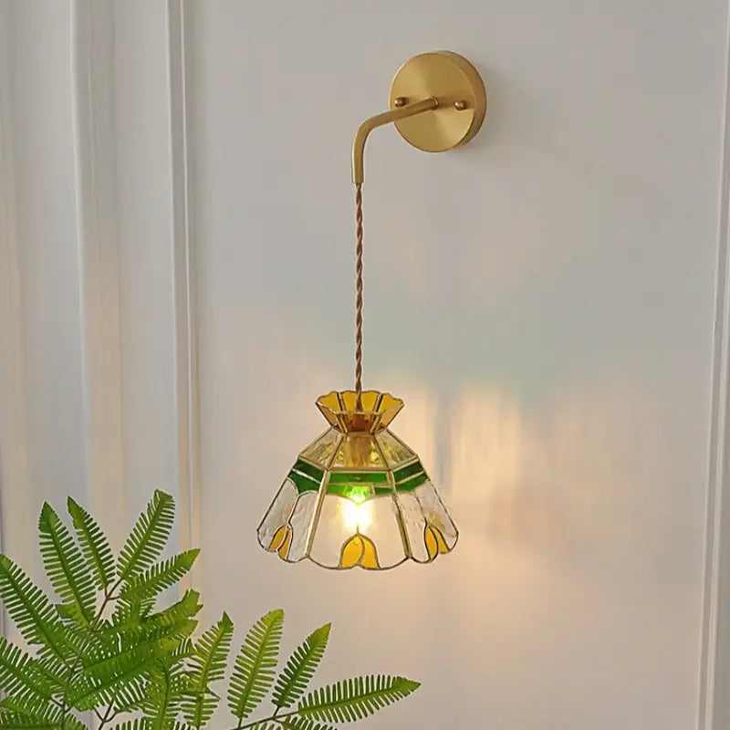 Delicate decorbites glass wall lamp with brass-finished arm yellow green stained glass tulip shade and pull chain switch