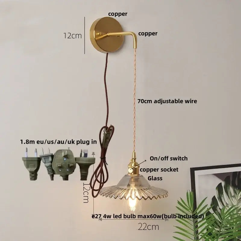DecorBites glass wall lamp vintage-style copper wall lamp with glass shade and adjustable wire with pull chain switch