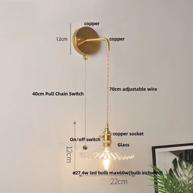 Vintage-style copper decorbites glass wall lamp with adjustable 70cm wire e27 led bulb and glass shade