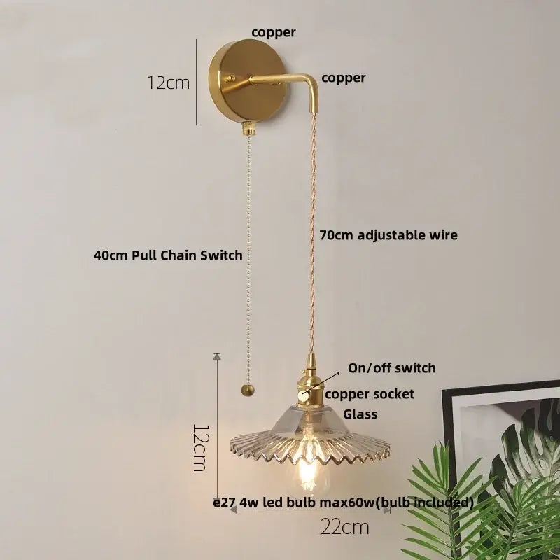 Copper-finished decorbites glass wall lamp with frilled glass shade and adjustable 70cm wire wall lamp
