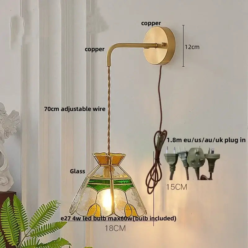 Decorbites glass wall lamp vintage-style copper wall lamp with green and yellow floral stained glass lampshade