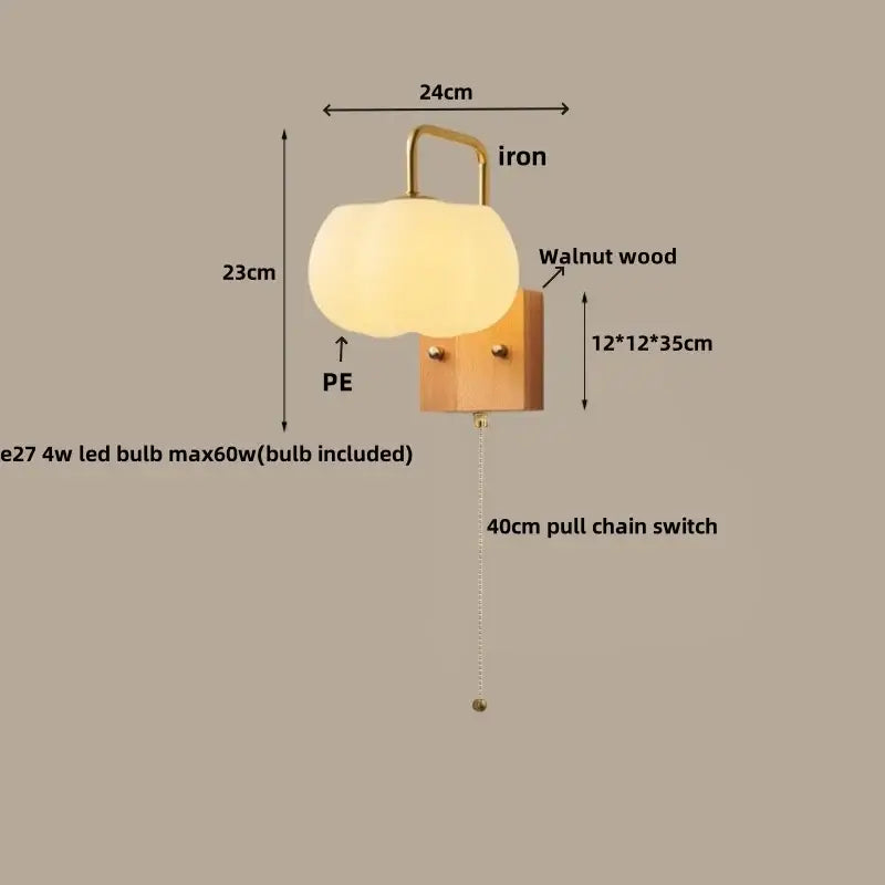 DecorBites glass wall light fixture with warm translucent pe lampshade, walnut wood base, brass hardware, and pull chain switch
