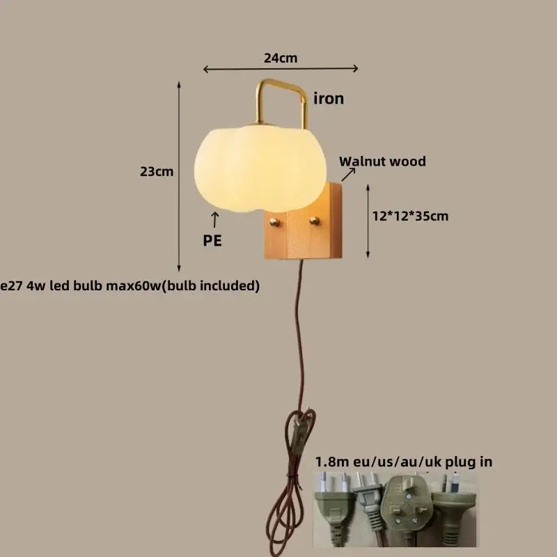 DecorBites glass wall light fixture with warm-toned frosted glass lampshade and walnut wood base with iron hook