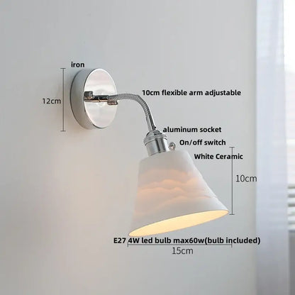 DecorBites™ wall light fixture with chrome iron base, adjustable arm, white ceramic shade, and pull chain switch