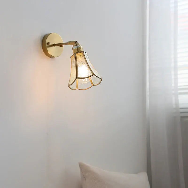 Gold-toned DecorBites glass wall light sconce with a delicate fluted glass shade and intricate etched pattern for modern Nordic decor