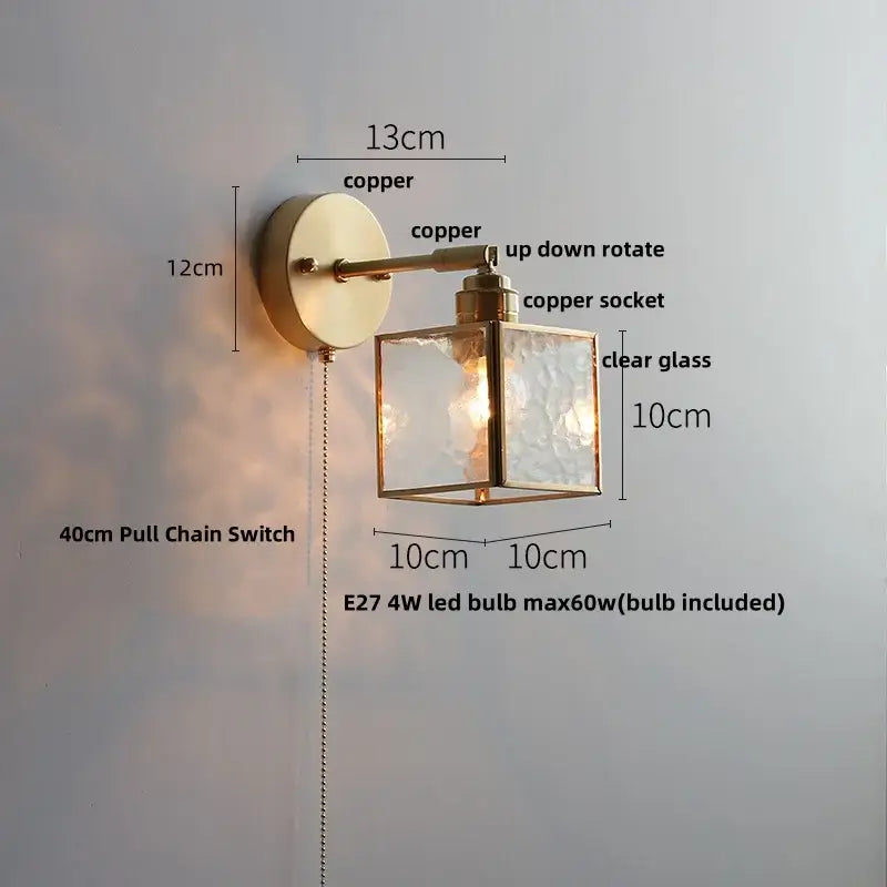 Copper-finished decorbites glass wall sconce with square clear glass shade and adjustable rotating arm for wall light
