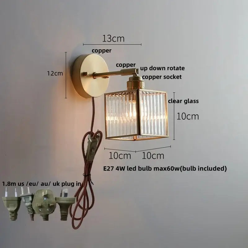 Copper decorbites glass wall light sconce with clear vertical ridged glass shade for modern nordic indoor lighting