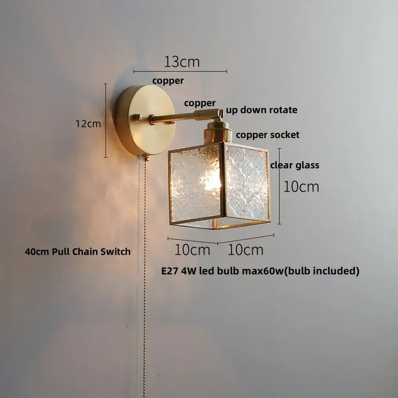 Copper-finished decorbites glass wall light sconce with clear patterned glass cube and adjustable arm for modern lighting