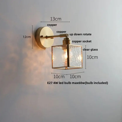 Copper-finished decorbites glass wall light sconce with square clear glass shade and adjustable arm for modern lighting