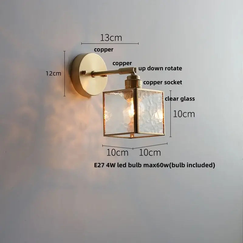 Copper-finished decorbites glass wall light sconce with square clear glass shade and adjustable arm for modern lighting