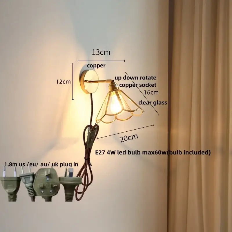 Copper decorbites glass wall light sconce with clear glass shade and E27 4W LED bulb for modern Nordic lighting