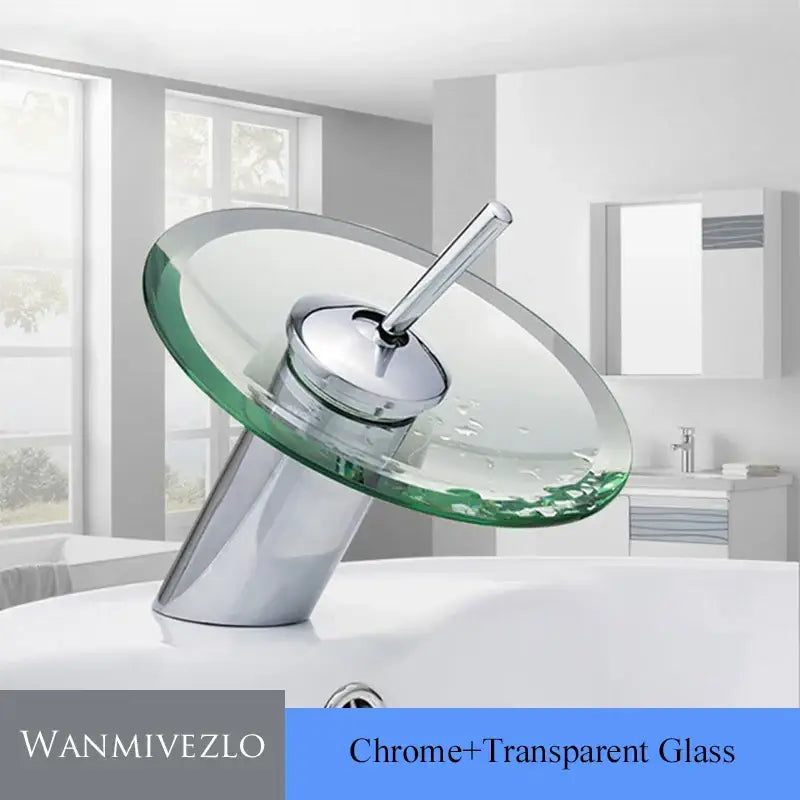 Chrome-finished DecorBites™ glass waterfall basin sink faucet with a transparent glass bowl and green-tinted rim