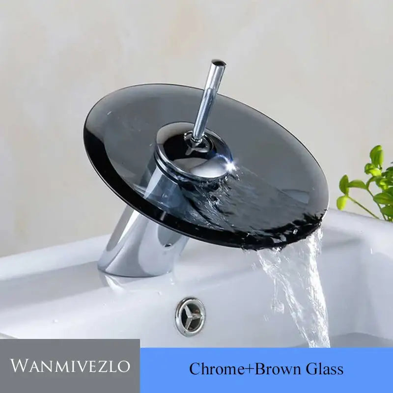 DecorBites™ chrome finished basin sink faucet with dark brown glass waterfall spout and sleek modern design