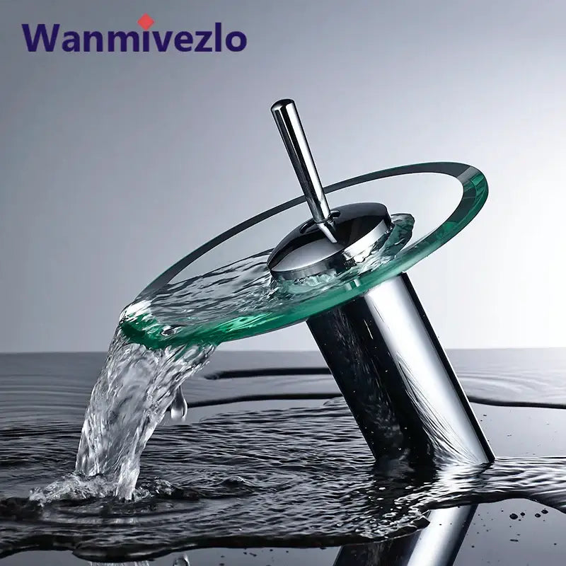 Modern chrome finished decorbites glass waterfall basin sink faucet with transparent green glass bowl and cylindrical spout