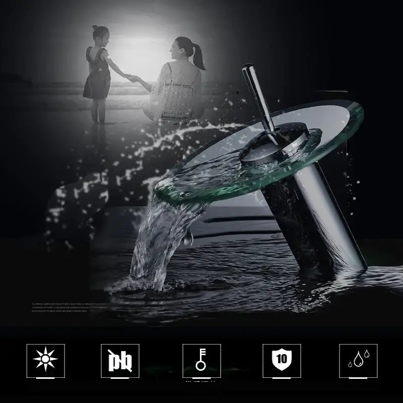 Decorbites™ glass waterfall basin sink faucet in chrome with a transparent curved design for modern sink faucet use