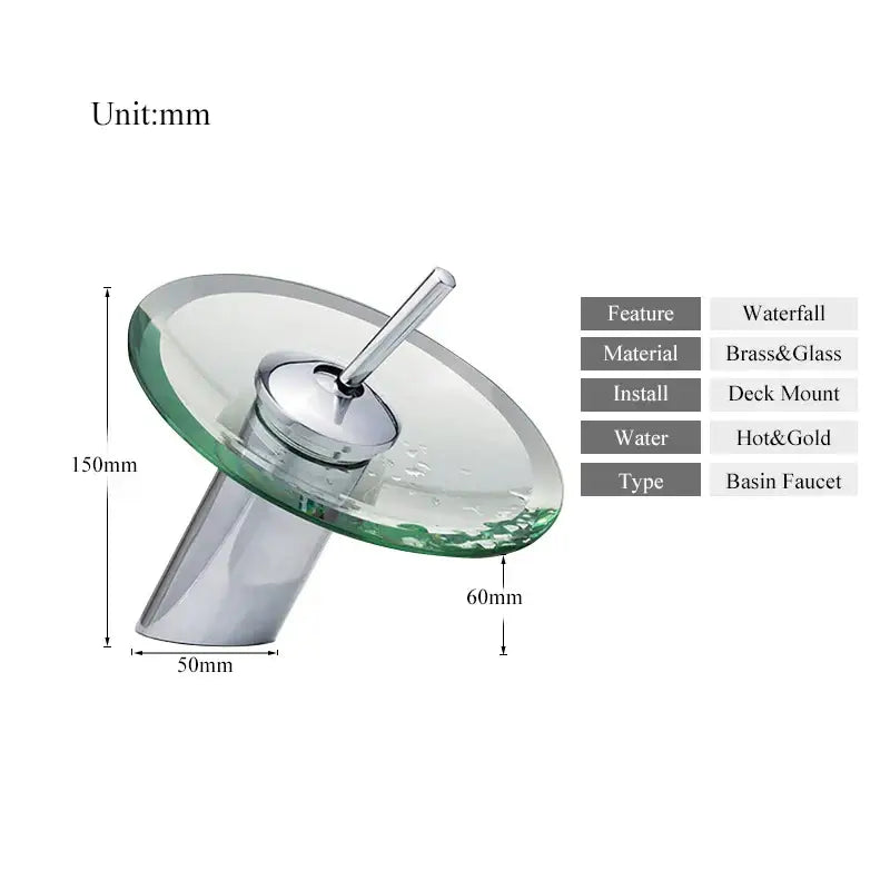 DecorBites™ glass waterfall basin sink faucet with sleek brass finish and transparent circular glass over chrome base