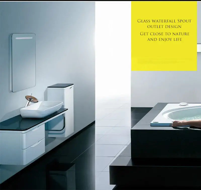 Modern white ceramic vessel basin sink faucet with sleek glass waterfall spout from DecorBites™ collection