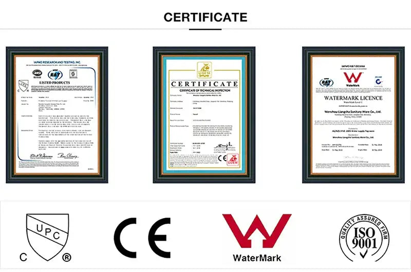 Three framed certificates with black borders displaying quality and ce certifications for DecorBites glass waterfall basin sink faucet