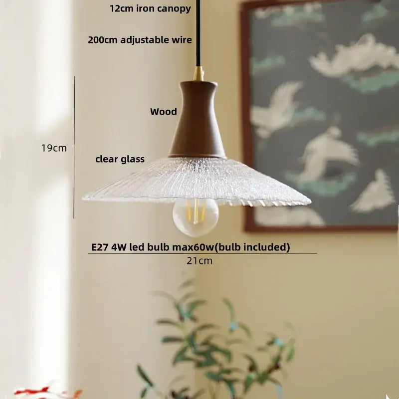Rustic decorbites™ glass and wood led pendant light with dark wood canopy and clear textured glass shade for home decor