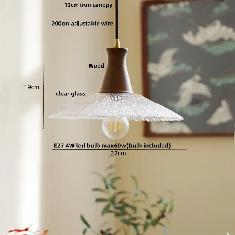 DecorBites warm-toned wood led pendant light with textured clear glass shade and iron canopy for home and restaurant lighting
