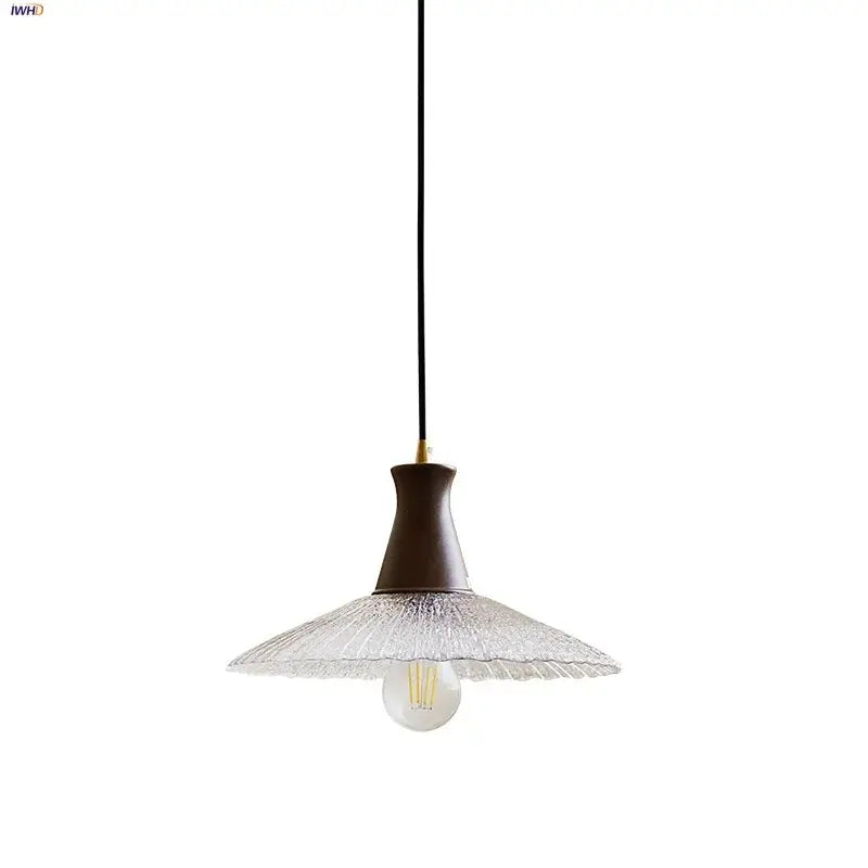 DecorBites™ wood led pendant light with dark brown wooden top clear textured glass and exposed Edison bulb