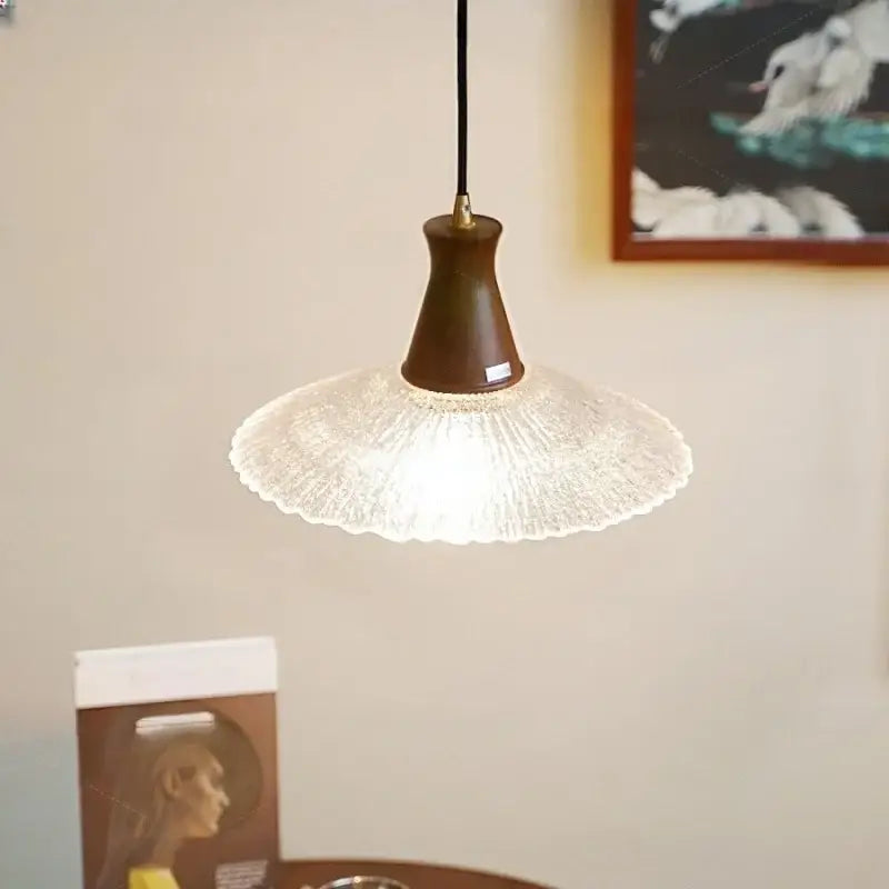 Decorbites glass and wood led pendant light with warm-toned clear textured glass shade and dark wood base for home decor