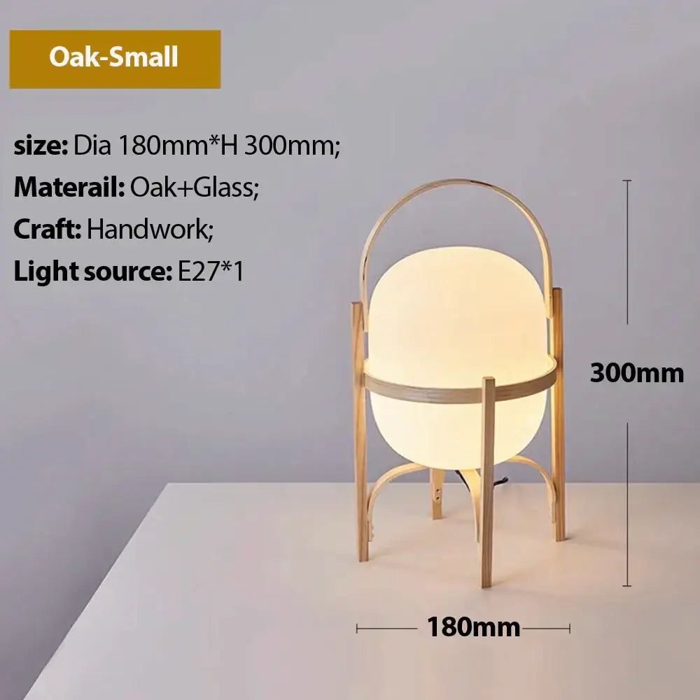 DecorBites glass and wood metal table lamp with rounded glass globe and slender oak frame for Japanese style room light