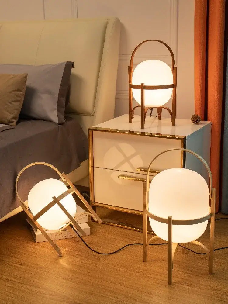 Decorbites glass and wood metal table lamp with gold toned frame and frosted spherical shade for japanese style rooms