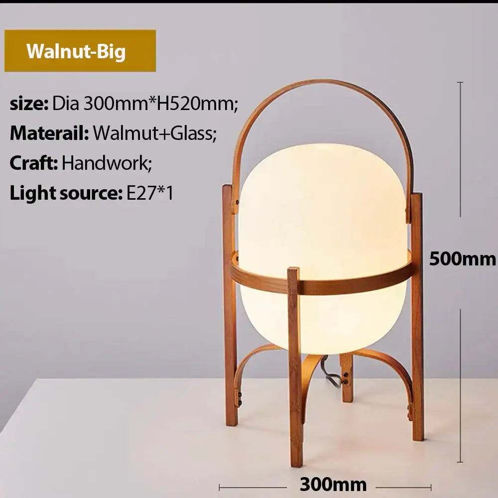 DecorBites™ glass and wood metal table lamp with rounded glass shade and walnut wood frame for Japanese style room light