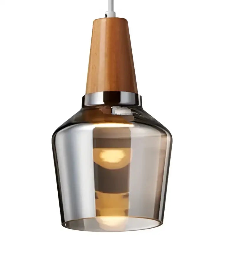 Decorbites glass pendant light with warm wood top, metallic band, and smoked glass shade for modern nordic decor