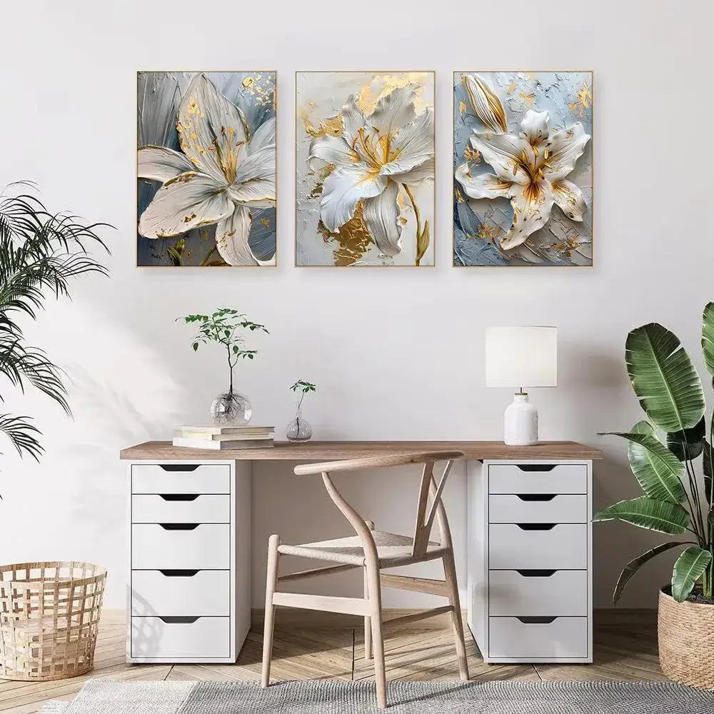 Three framed canvas wall art featuring white flower canvas with gold accents in decorbites™ floral 3d design above desk