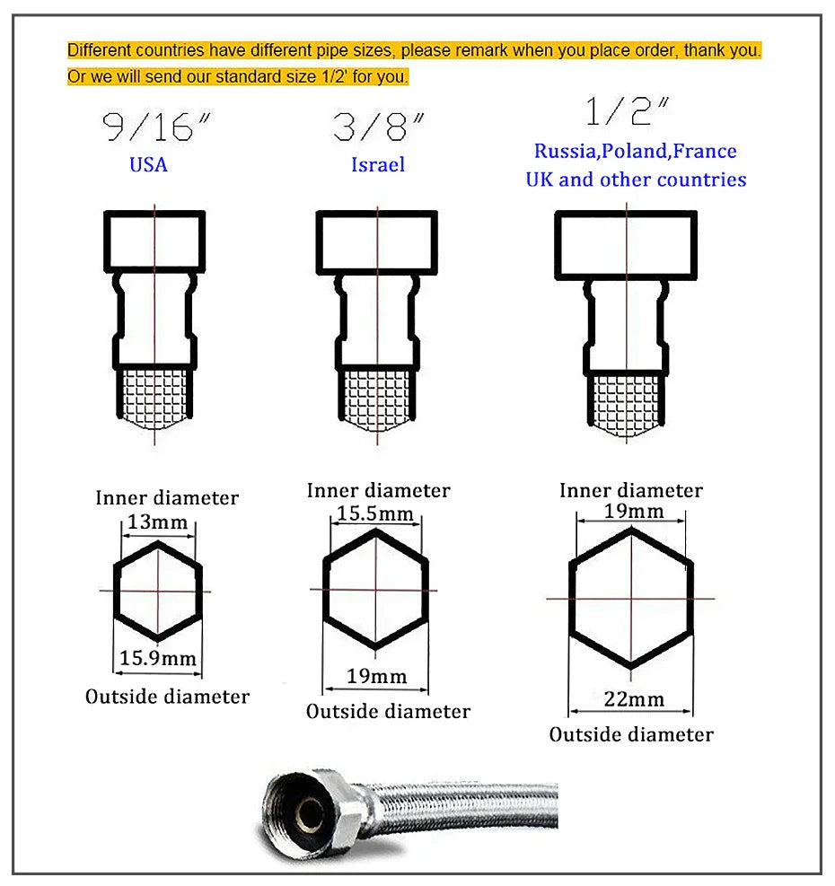 Silver metallic braided hose connector with hexagonal threaded ends for decorbites™ gold brass basin faucet bathroom sink