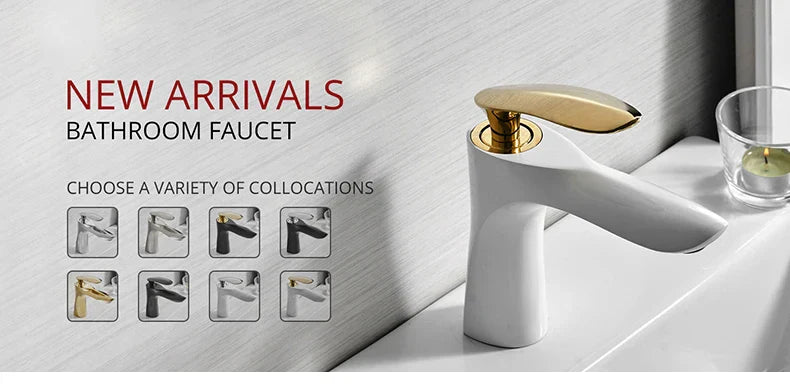 Modern white bathroom basin faucet with sleek curved spout and polished brushed gold brass handle by decorbites