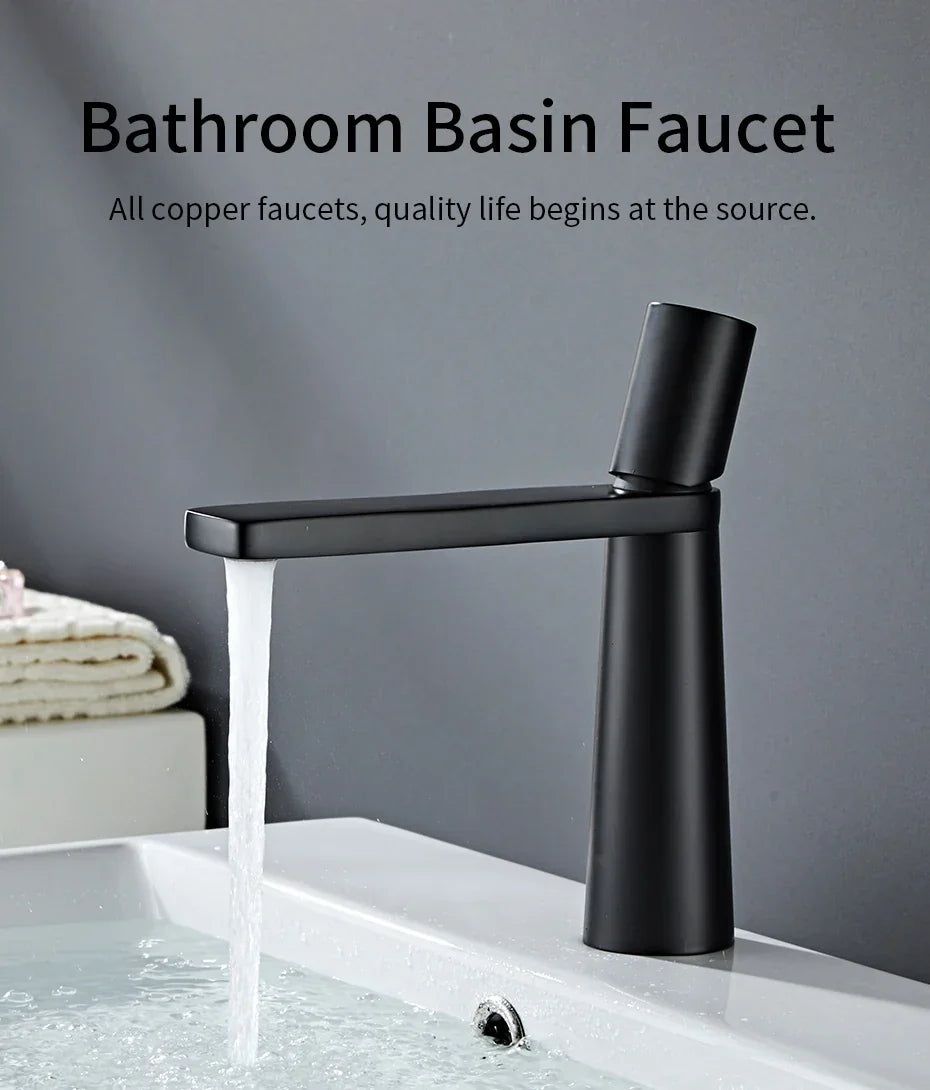 Black matte-finish modern basin faucet with sleek minimalist design in DecorBites gold brass brushed gold brass finish