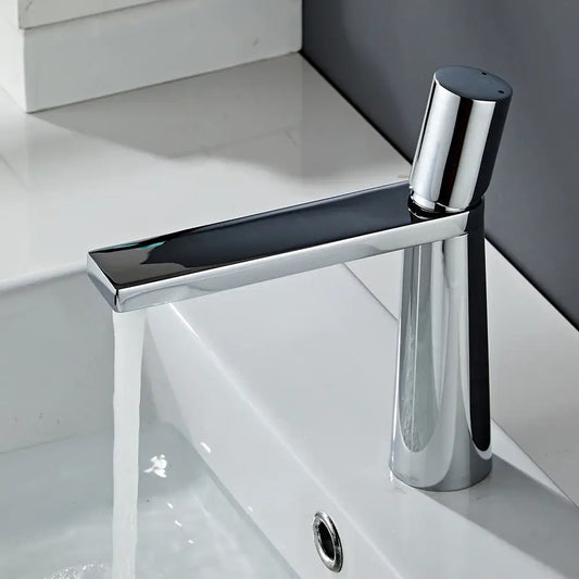 DecorBites™ gold brass basin faucet with sleek minimalist design and single cylindrical handle for bathroom sink