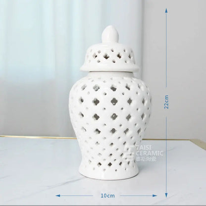 Gold Ceramic Carved Temple Jar - Home Decor - White 22CM - Vase