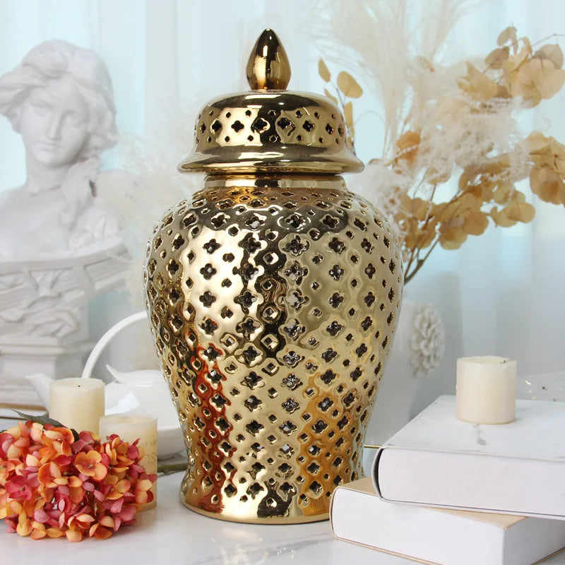 Gold Ceramic Carved Temple Jar - Home Decor - Vase