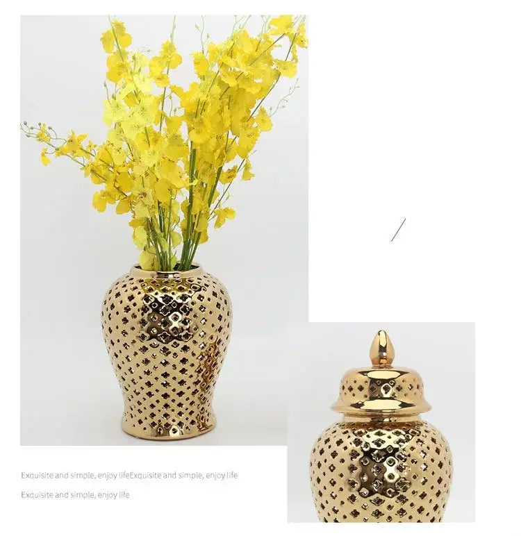 Gold ceramic temple jar with intricate diamond cutouts and matching lid from decorbites home decor collection