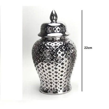 Silver ceramic ginger jar with diamond pattern and pointed finial for elegant home decor by DecorBites temple jar